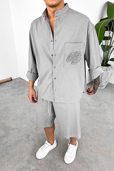 HAFKAGİYİM Cămașă din in supradimensionat cu detaliu brodat cu frunze gri