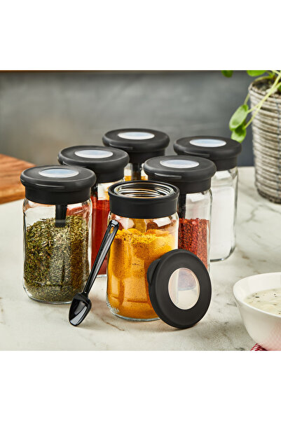 YAZICI 6-Piece Spice Jar Set with Spoons - Black / Transparent