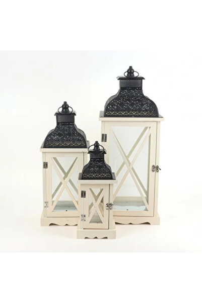 Generic Wooden Lantern Set White and Black Metal - 3 Sizes