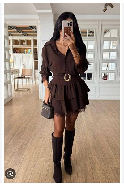 Müge Butik Massimo kemer detaylı dantelli elbise