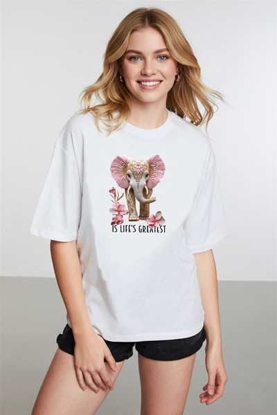 caddekombin Women's Espiri Elephant Graphic Printed Round Neck White T-Shirt