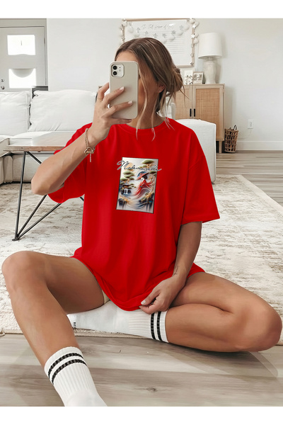 caddekombin Women's Mademle Printed Special Design Red T-Shirt