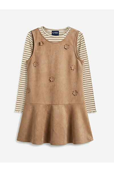 LC Waikiki Lcw Kids Brown Crew Neck Floral Applique Girls' Suede Dress and T-...