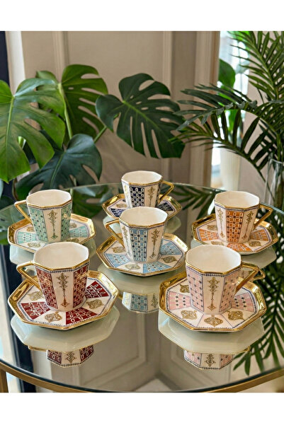 ASSA BAZAAR Gold Embossed Patterned 6-Person Porcelain Coffee Cup Set – Elega...