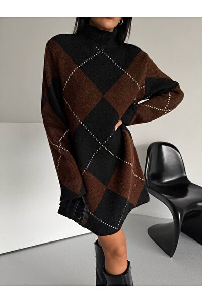 Evim Sepeti Oversized Diamond Patterned Women's Knit Tunic Dress