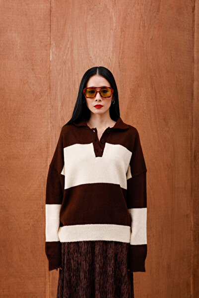 HOPE AND ME Oversized Striped Shirt Collar Brown Sweater