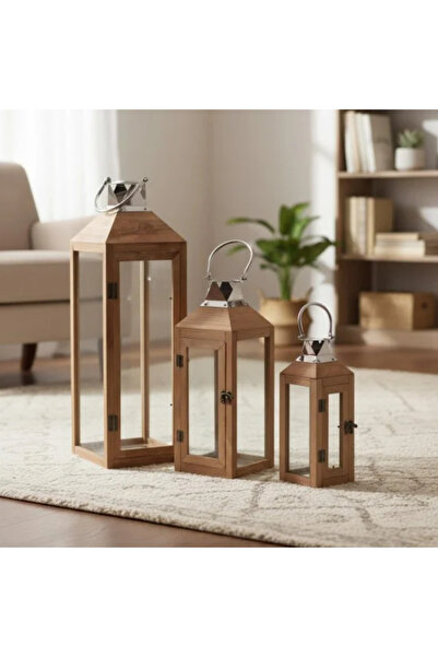 Generic 3-piece wooden lantern set with a modern design