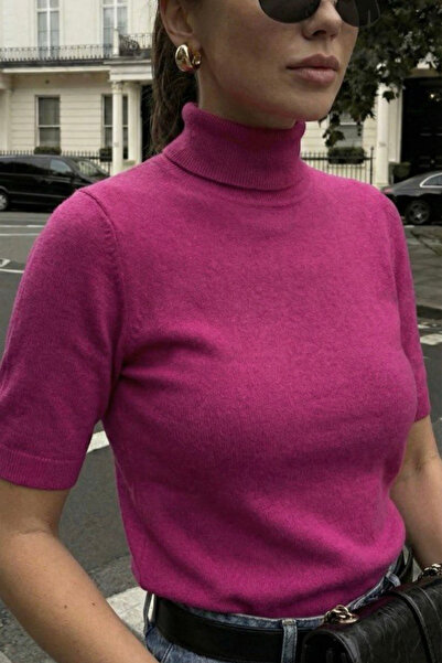 oshebu Women's High Neck Short Sleeve Knitwear Blouse Sweater