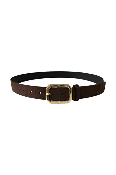 stravis Bitter Brown Suede Belt with Gold Square Buckle