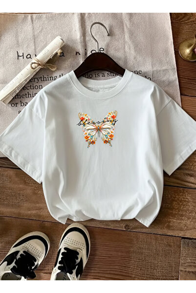 caddekombin Women's Diamond Butterfly Printed Round Neck White T-Shirt