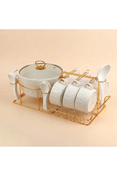 Generic طقم شوربة بورسلين كلاسيكي مع حامل ذهبي، 15 قطعة