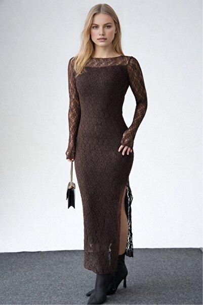 LOOSH Kadın Kahve Kayık Yaka Dantel Elbise