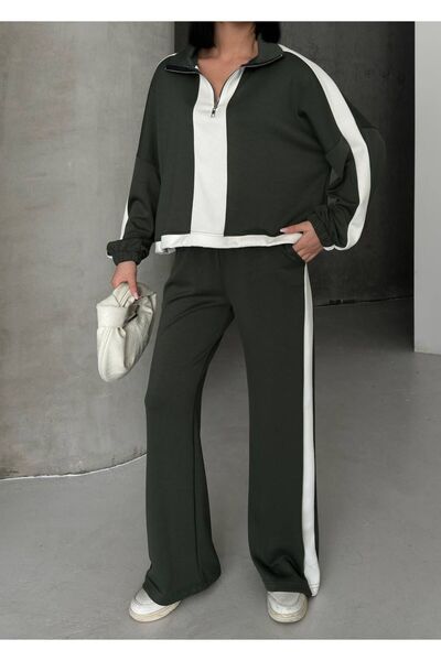 Tarzımızbir Set de trening din material modal cu dungi cu jumătate de fermoar...