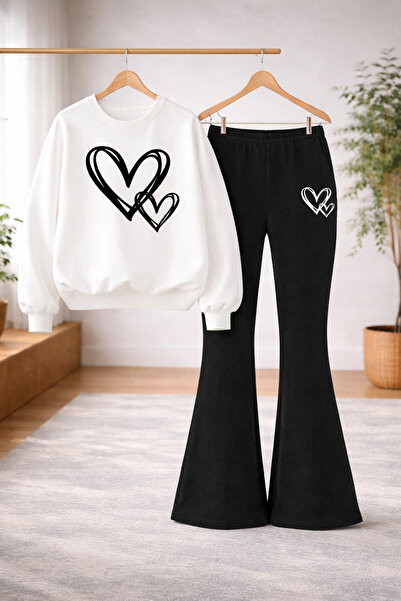 Kids Kalp Baskılı Kız Çocuk Siyah Beyaz Alt Üst Takım İspanyol Paça