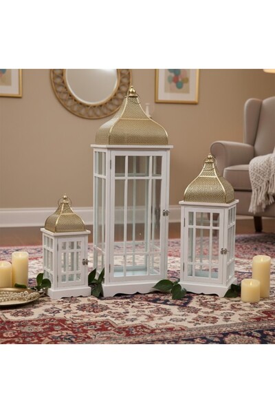 Generic White wooden and gold metal lantern set, 3 sizes, modern design