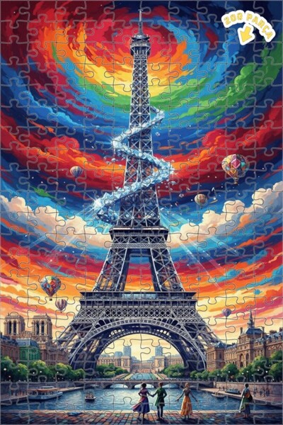 Teona Ahşap Gökkuşağı Renkli Eyfel Kulesi Yağlı Boya Görünümlü Çift Katlı Çer...