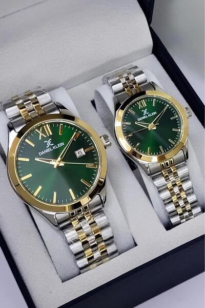 Daniel Klein Dial Green Band Gold Silver Color Gift Wrapped Lover Couple Wris...