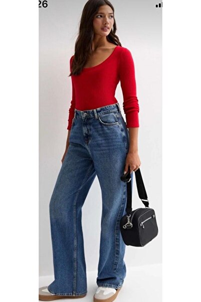 FRİYA Women's Red Long Sleeve, Deep Pool Neck Blouse, Ribbed Camisole Fabric