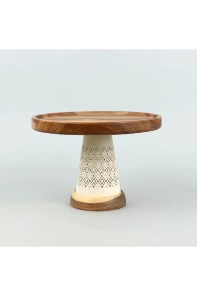Generic Wooden serving dish with a decorative metal base