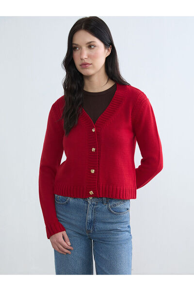 LC Waikiki Ozmarka New Season V-Neck Self-Patterned Women's Knitwear Cardigan