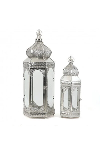 Generic Silver metal lantern set with clear glass - 2 sizes