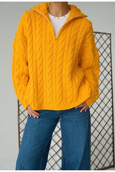 Mars Koyu Sarı Yarım Fermuarlı Saç Örgü Oversize Triko Kazak