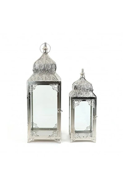 Generic Silver metal lantern set with clear glass - 2 sizes
