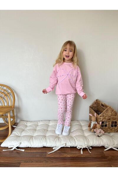 WİKİBOOM طقم بناتي موسمي مكون من قطعتين مع بنطلون مطرز بالزهور وربطة عنق من خ...