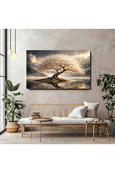 artprinta Göl Üzerinde Çiçekli Ağaç Temalı Kanvas Tablo