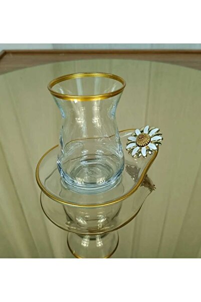 ÇNR Home Collection ÖZEL SERİ YALDIZLI PAPATYA DETAYLI 6'lı ÇAY SETİ