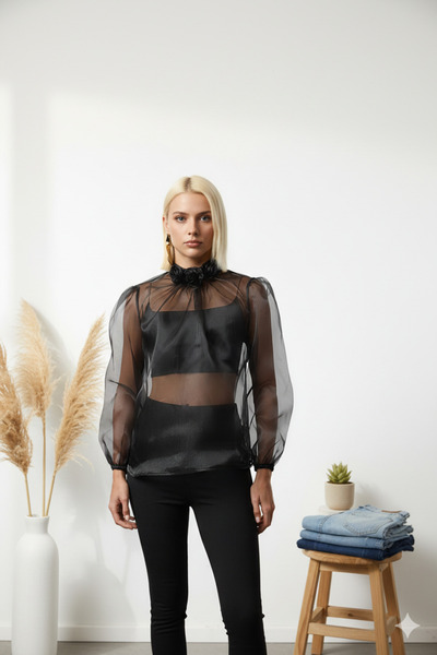 Rora Black Rose Detailed Organza Blouse