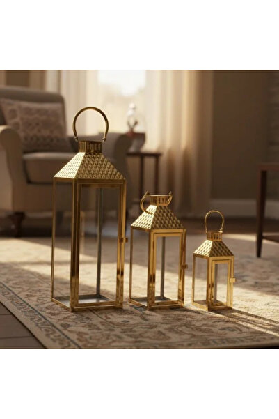 Generic Gold metal lantern set with clear glass - 3 sizes