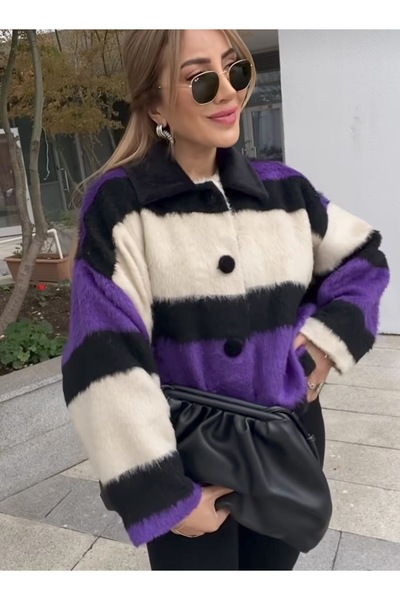 EsSo butik Women's Color Block Batwing Sleeve Oversized Mold Bomber Plush Coat