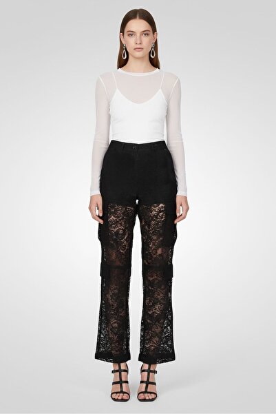 MSGM بنطلون كارغو نسائي بقصة عادية من الدانتيل، أسود