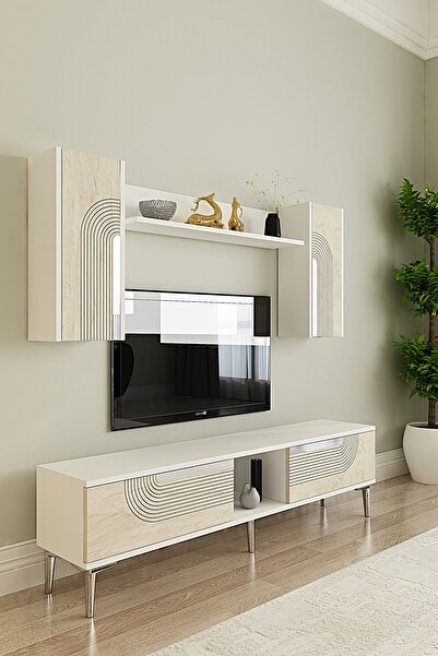 CENEYRA TVR1502BTS - MEYRA TVR150 TV ÜNİTESİ TAKIM BEYAZ-TRAVERTEN KAPAK-SILV...