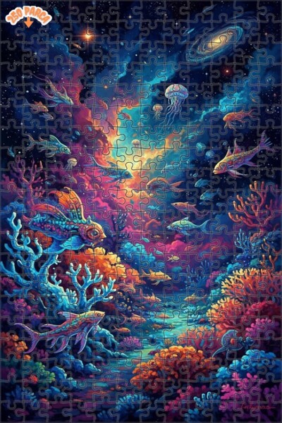 Teona Ahşap Fantastic Galaxy Sea Creatures Oil Painting Double-Deck Framed Wo...