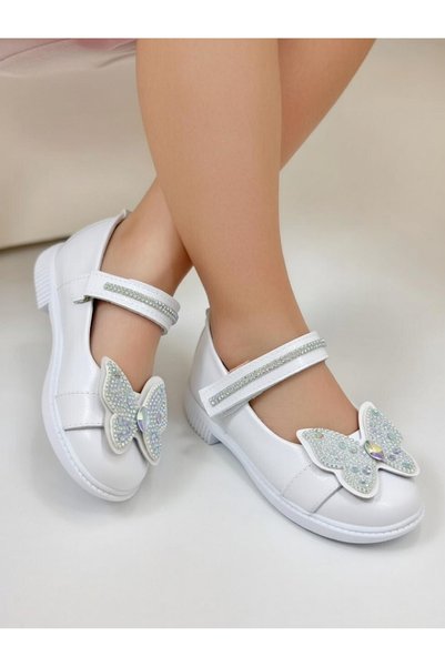 Lideral Stone Butterfly Detailed Girls' Ballerina Shoes Shiny Patent Leather Princess Model