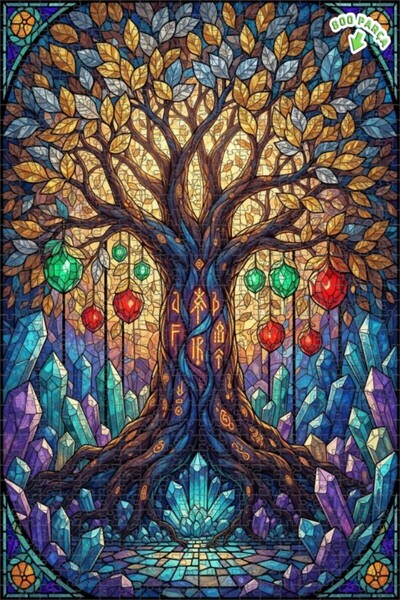 Teona Ahşap لغز خشبي مؤطر بطبقتين بتصميم فن الموزاييك الزجاجي لشجرة الرون الغ...