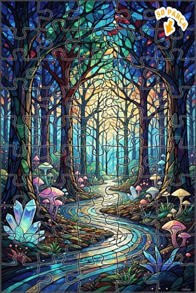 Teona Ahşap لغز خشبي فني من الزجاج الملون بتصميم الغابة السحرية 50 قطعة 15×25