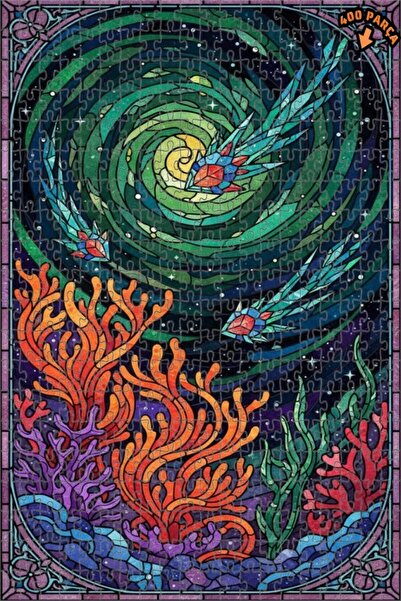 Teona Ahşap لغز خشبي مؤطر بطبقتين بتصميم فن الزجاج الملون لأسماك البحر السحري...