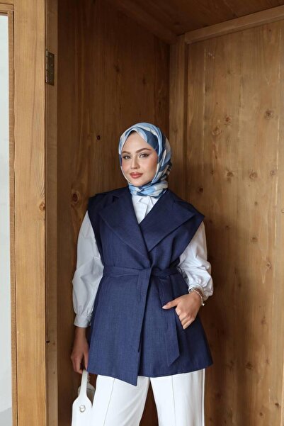 Evim Sepeti Women's Belted Blazer Collar Transitional Long Modern Vest