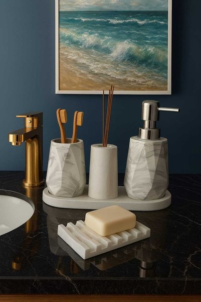 lufen deco 5 Pieces Marble Pattern Concrete Bathroom Set Liquid Soap Dispenser Toothbrush Holder Solid Soap Dish Presentation Tray