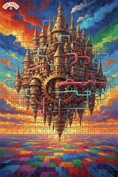 Teona Ahşap Flying Castle Steampunk Oil Painting Look Wooden Puzzle 500 Piece...