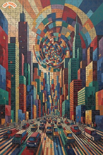 Teona Ahşap Abstract City Skyline Oil Painting Look Double-Decker Framed Wood...