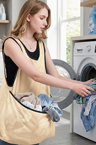 KAŞIKBEY Washing Temiz-Kirli Çamaşır Sepeti Önlük Giyilebilir Katlanır Çamaşır Taşıma Önlüğü Çamaşırlık