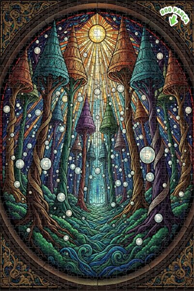 Teona Ahşap لغز خشبي بتصميم الغابة السحرية بمظهر الزجاج الملون، لغز خشبي بإطا...