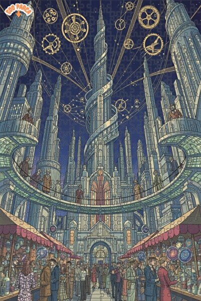 Teona Ahşap Steampunk Cityscape Oil Painting Look Double-Decker Framed Wooden...