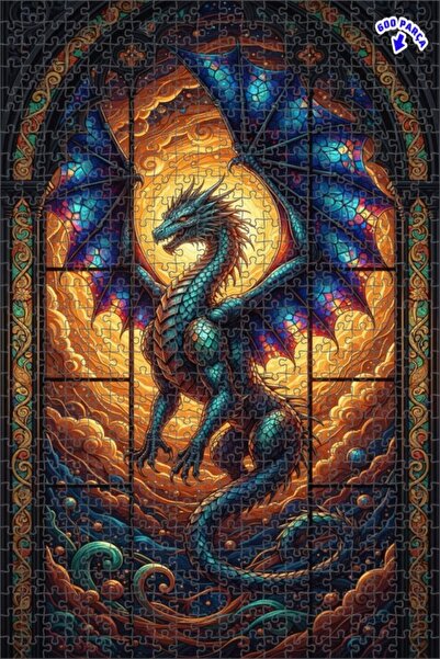 Teona Ahşap لغز خشبي مؤطر بطبقتين بتصميم فني من الزجاج الملون على شكل تنين سح...