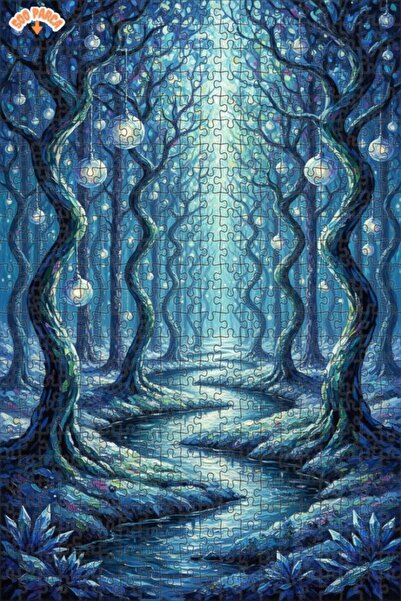 Teona Ahşap Magical Forest Stream Oil Painting Look Double Layer Framed Woode...