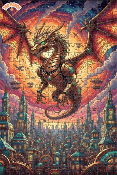 Teona Ahşap Mechanical Dragon City Steampunk Art Print Double Layer Framed Wo...